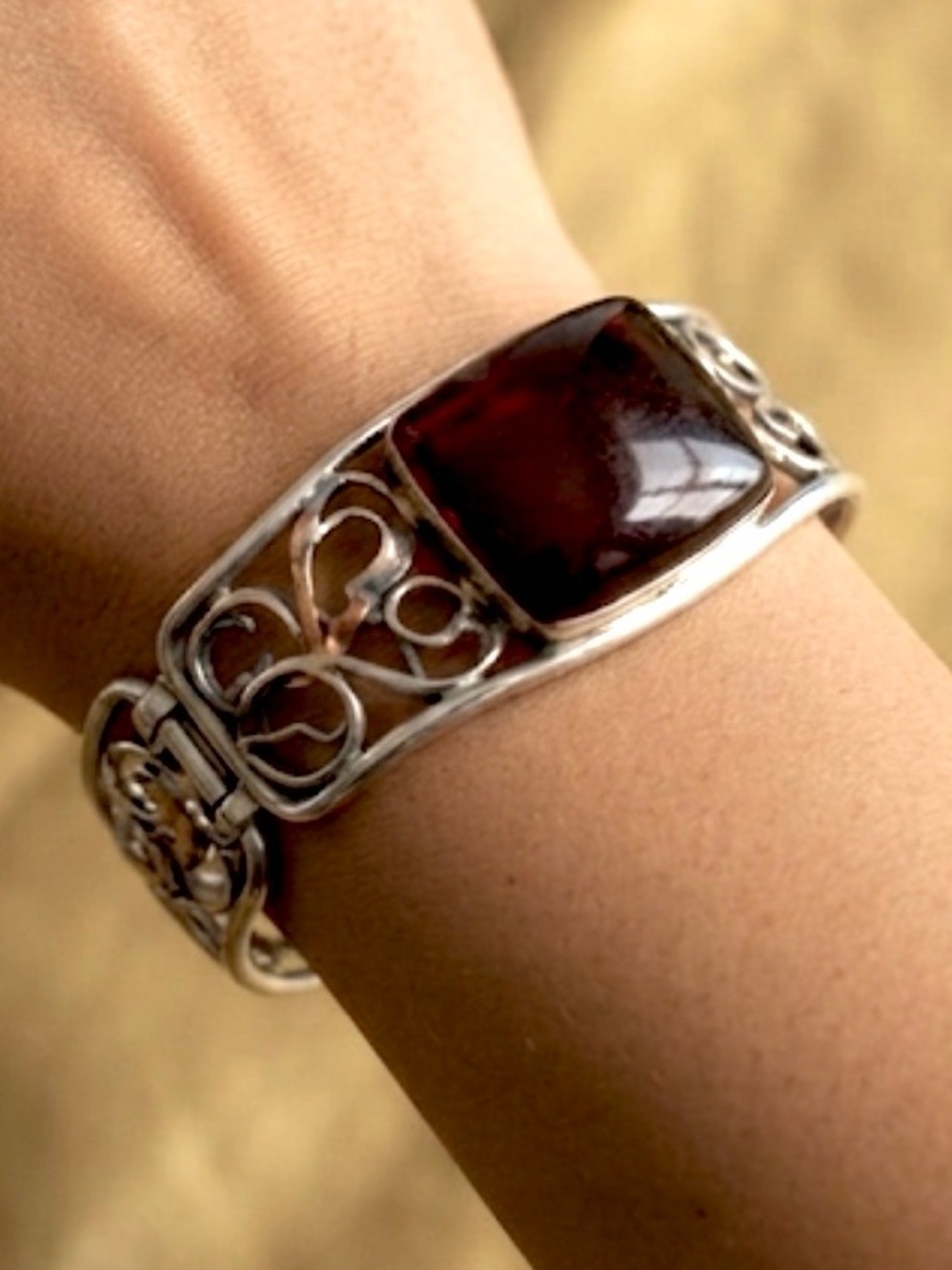 Vintage Sterling Silver Filigree Bracelet with Deep Red Glass Stone